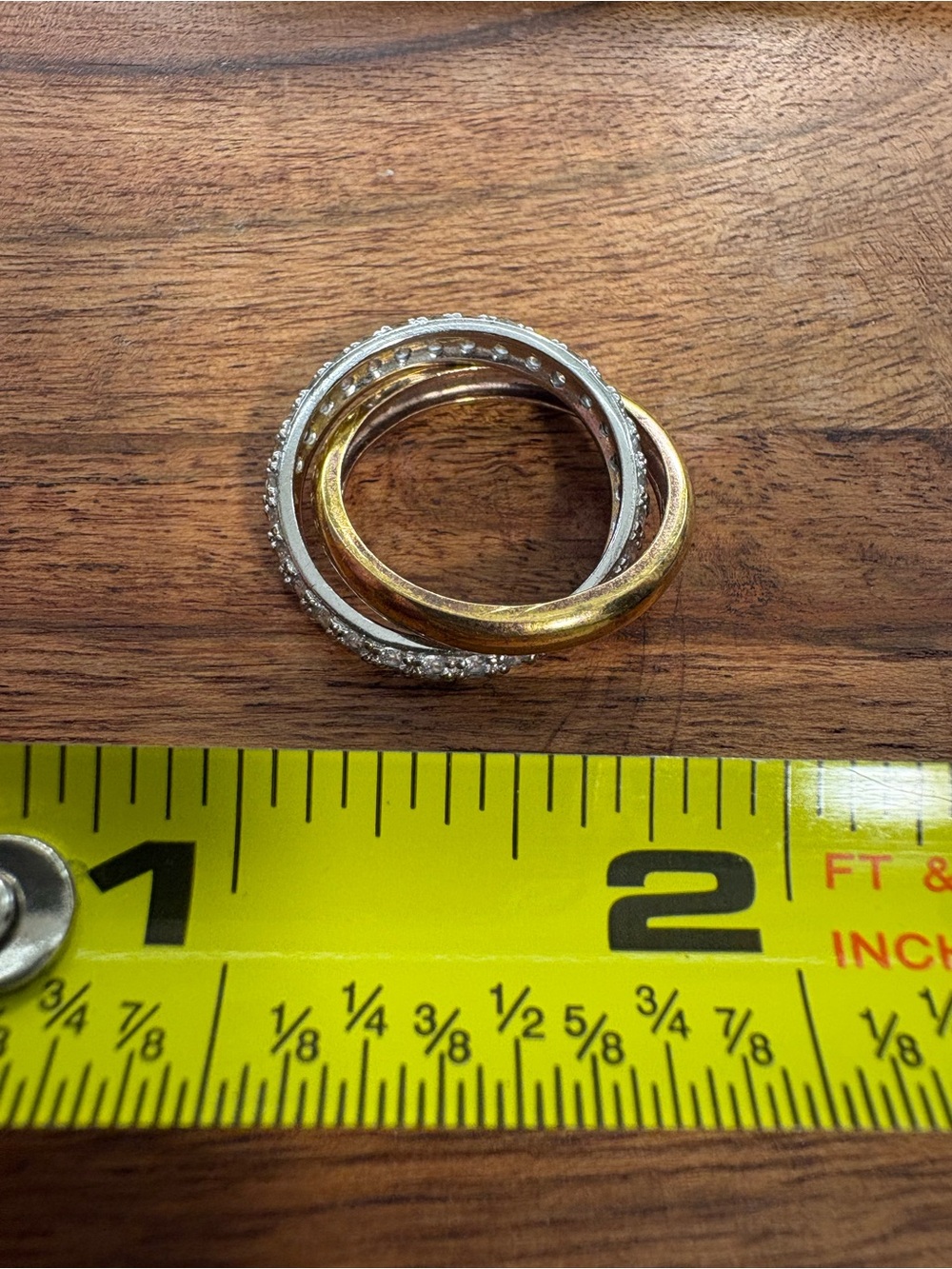 Interlocking Gold and Silver Tone Ring with Pavé Crystals - Size 6.5 - Picture 11 of 13